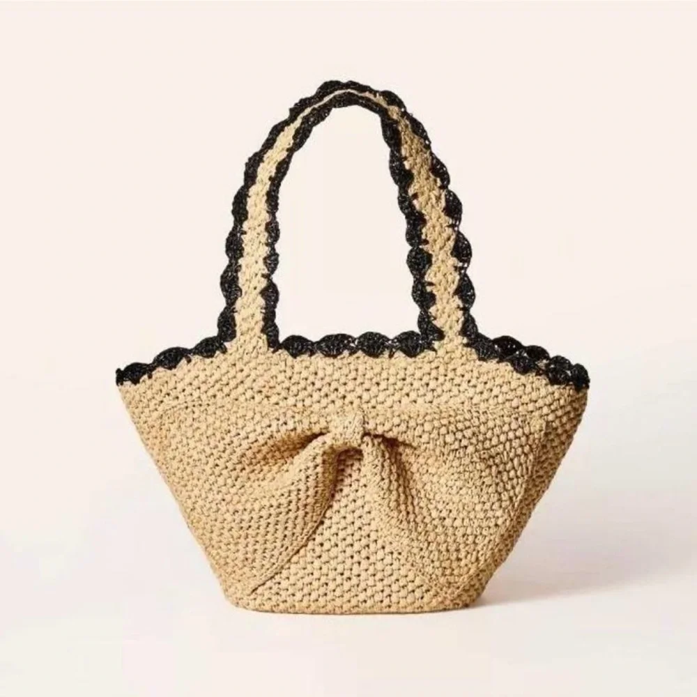 kate spade beige straw tote with black scalloped trim - Picture 1 of 4